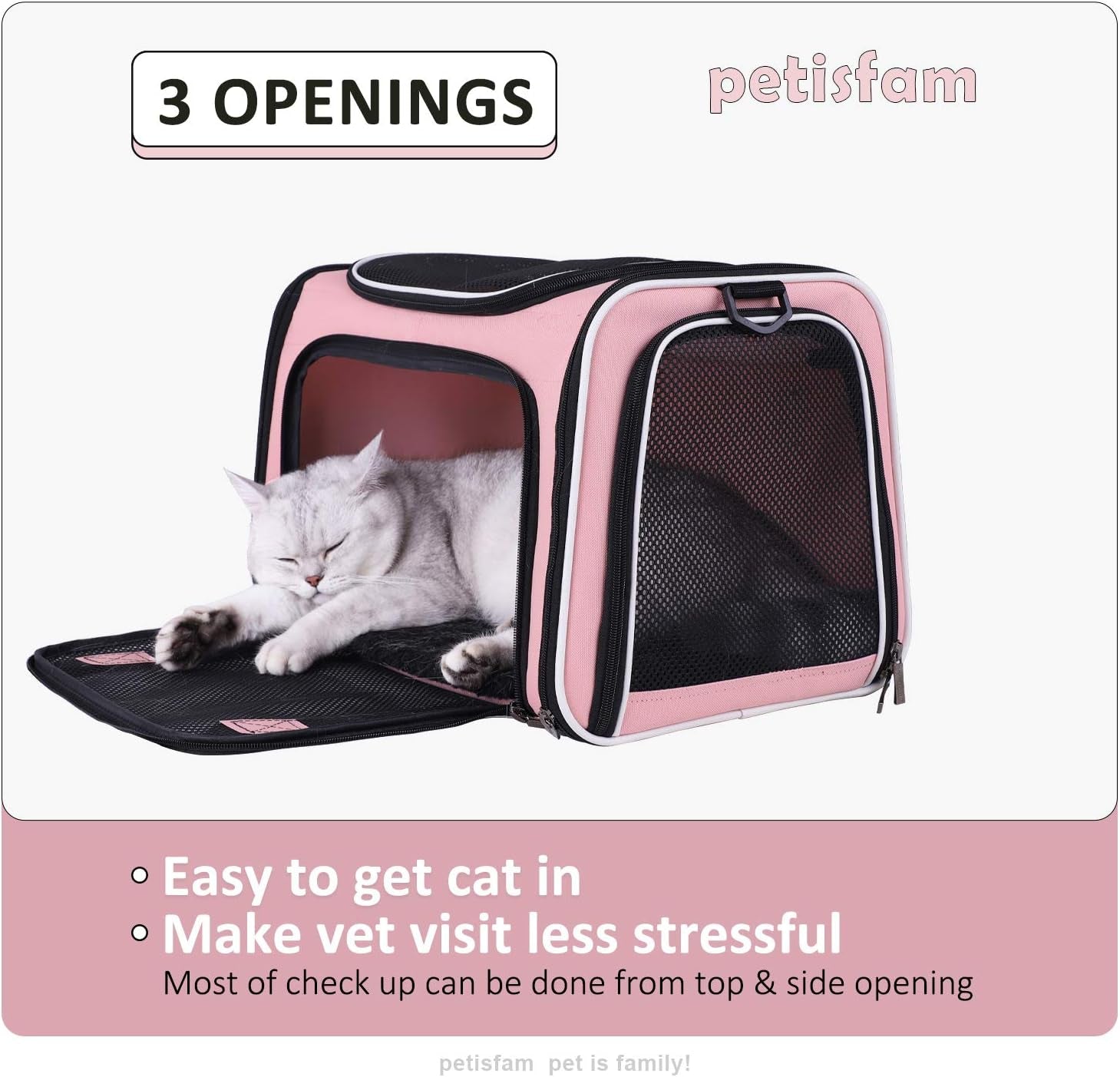 Soft Pet Carrier for Medium Cats and Small Dogs with Cozy Bed, 3 Doors, Top Entrance | Airline Approved, Escape-Proof, Breathable, Leak-Proof, Easy Storage (Pink)