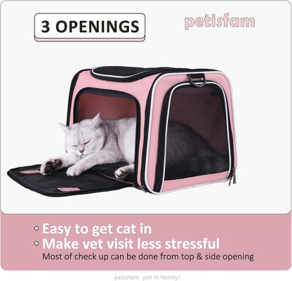 Soft Pet Carrier for Medium Cats and Small Dogs with Cozy Bed, 3 Doors, Top Entrance | Airline Approved, Escape-Proof, Breathable, Leak-Proof, Easy Storage (Pink)
