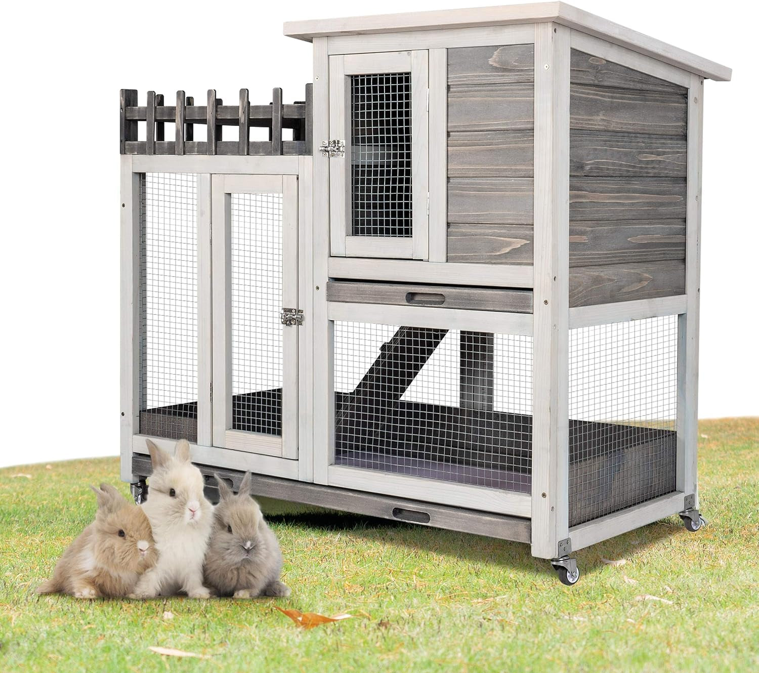 Rabbit Hutch Indoor & Outdoor Bunny Cage on Wheels Guinea Pig Cage Deep No Leak Pull Out Tray Coop Bunny Cage Guinea Pig House with Stair Waterproof