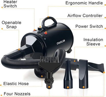 High Velocity Dog Dryer Blower, Professional Dog Grooming Dryer, Dog Blow Dryer, Pet Hair Dryer with Heater, Powerful Blow Force, Adjustable Speed, Quickly Dry, Black