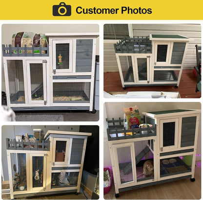 Rabbit Hutch Indoor & Outdoor Bunny Cage on Wheels Guinea Pig Cage Deep No Leak Pull Out Tray Coop Bunny Cage Guinea Pig House with Stair Waterproof