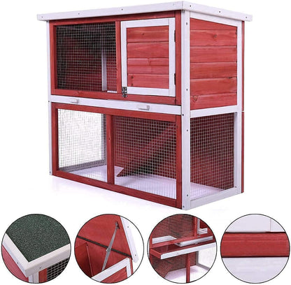 Rabbit Hutch, Bunny Rabbit Cage Indoor Outdoor Chicken Coop Guinea Pig Cage Pet House with Waterproof Roof and Pull Out Tray(Red)