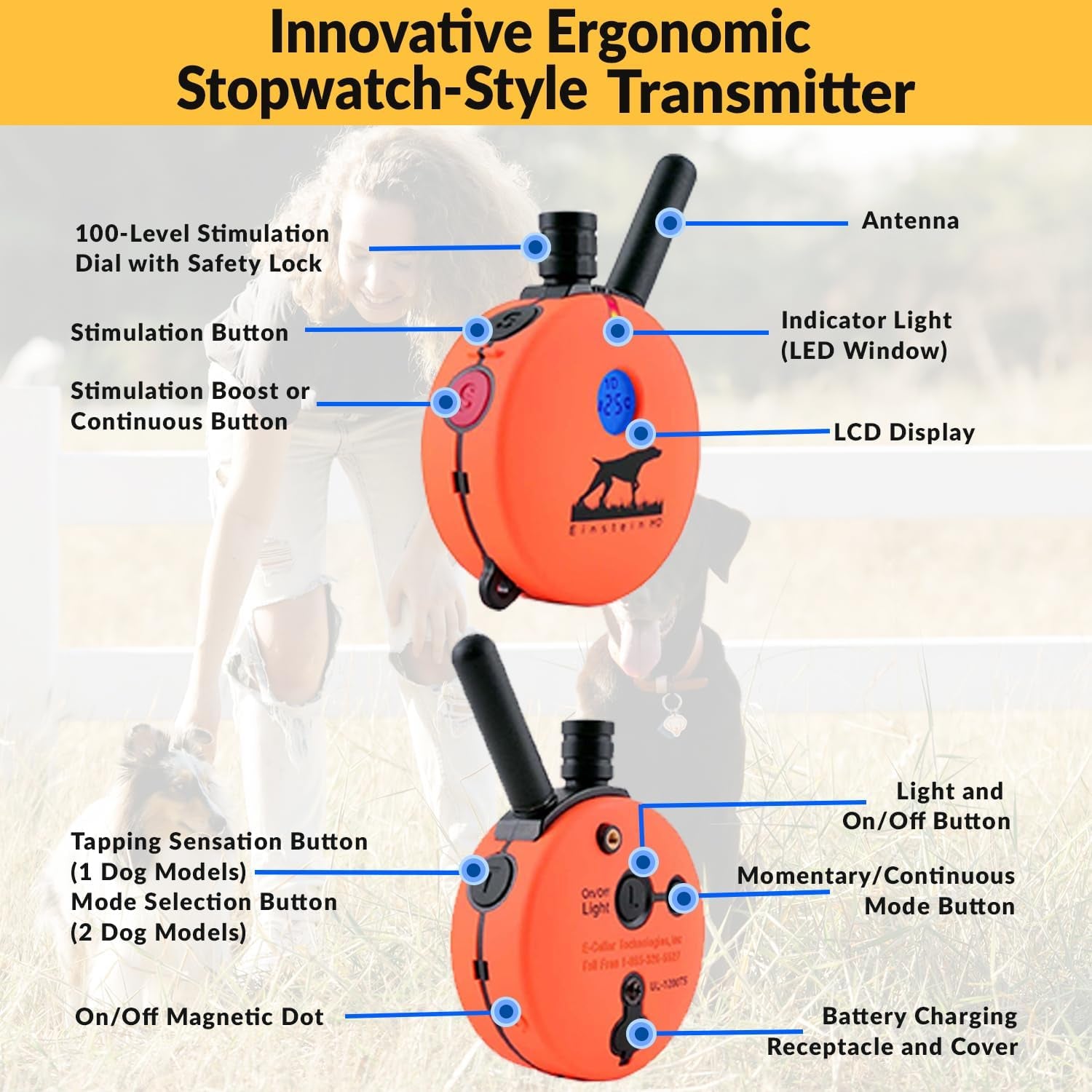 E-Collar Humane Dog Training Collar with Remote, 100 Safe Tapping Stimulation Levels, Night Light, Waterproof, Rechargeable, 1 Mile 2 Large Dogs, Orange