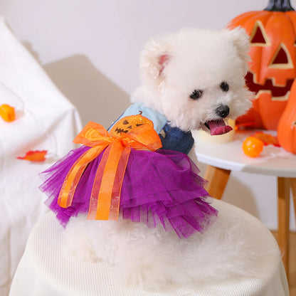 1PC Quirky Pumpkin Skirt Pet Clothes Dog Cat Autumn Halloween Orange Bow Sleeveless Wedding Dress