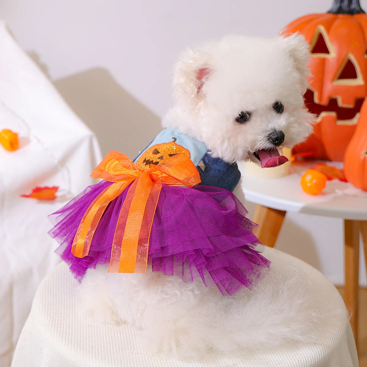 1PC Quirky Pumpkin Skirt Pet Clothes Dog Cat Autumn Halloween Orange Bow Sleeveless Wedding Dress