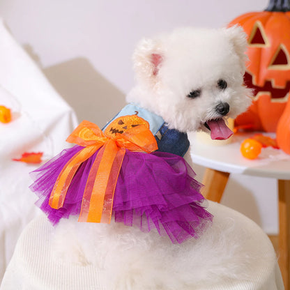 1PC Quirky Pumpkin Skirt Pet Clothes Dog Cat Autumn Halloween Orange Bow Sleeveless Wedding Dress