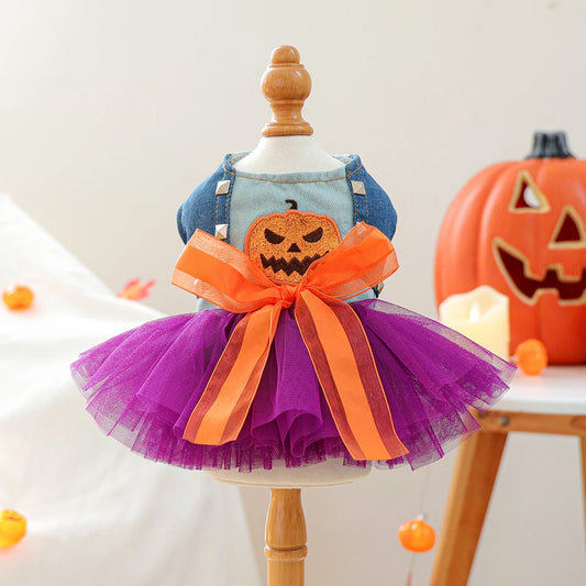 1PC Quirky Pumpkin Skirt Pet Clothes Dog Cat Autumn Halloween Orange Bow Sleeveless Wedding Dress