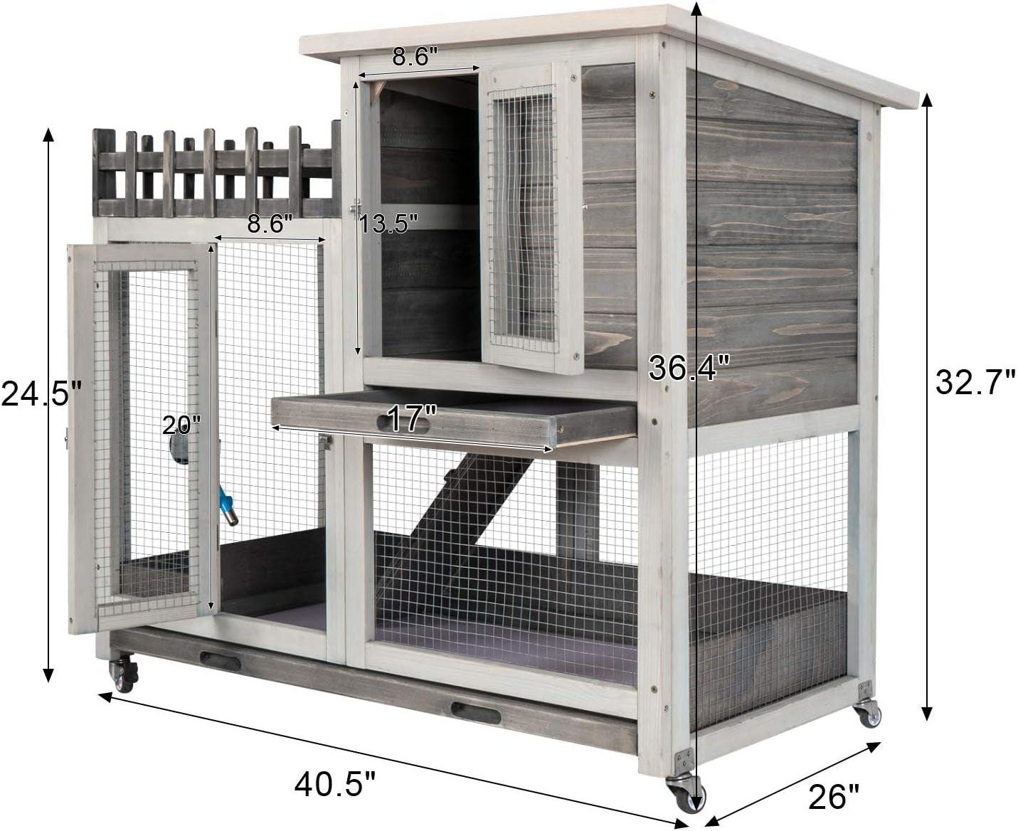 Rabbit Hutch Indoor & Outdoor Bunny Cage on Wheels Guinea Pig Cage Deep No Leak Pull Out Tray Coop Bunny Cage Guinea Pig House with Stair Waterproof