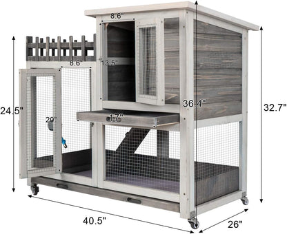Rabbit Hutch Indoor & Outdoor Bunny Cage on Wheels Guinea Pig Cage Deep No Leak Pull Out Tray Coop Bunny Cage Guinea Pig House with Stair Waterproof