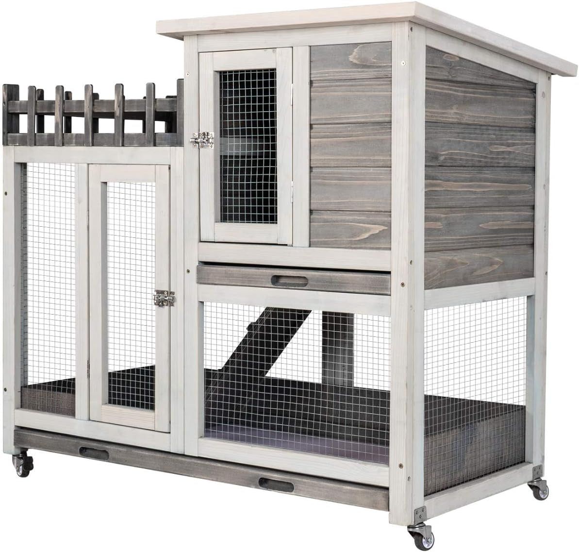 Rabbit Hutch Indoor & Outdoor Bunny Cage on Wheels Guinea Pig Cage Deep No Leak Pull Out Tray Coop Bunny Cage Guinea Pig House with Stair Waterproof