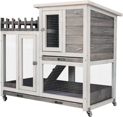 Rabbit Hutch Indoor & Outdoor Bunny Cage on Wheels Guinea Pig Cage Deep No Leak Pull Out Tray Coop Bunny Cage Guinea Pig House with Stair Waterproof