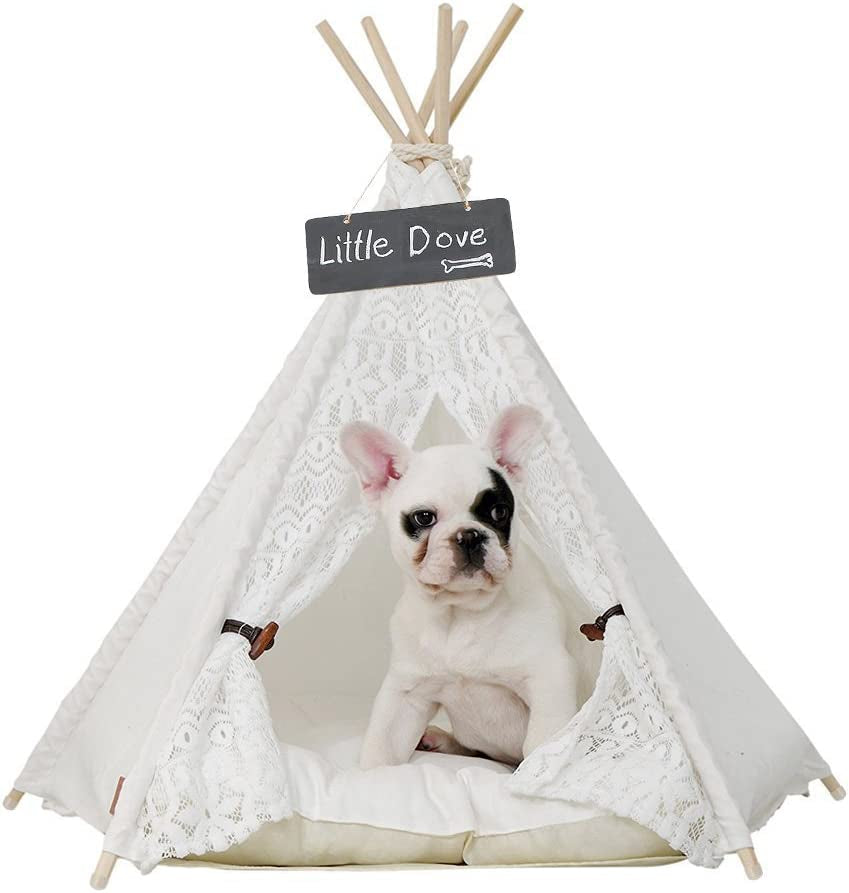 Pet Teepee Dog(Puppy) & Cat Bed - Portable Pet Tents & Houses for Dog(Puppy) & Cat Lace Style 24 Inch with Thick Cushion