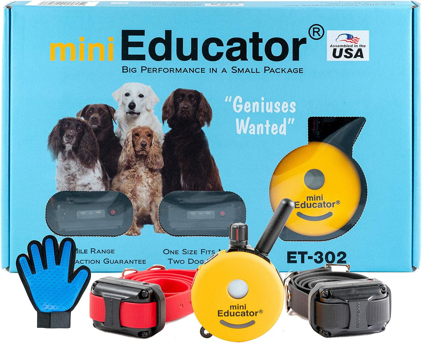 Dog Training E Collar - ET-302 Educator Remote Trainer System - Waterproof - Vibration Tapping Sensation with Bundle Soft Pet Grooming Glove