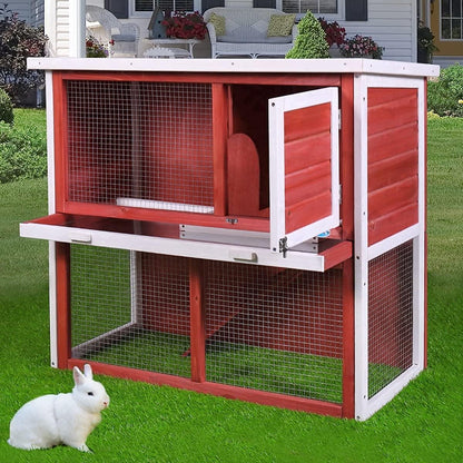 Rabbit Hutch, Bunny Rabbit Cage Indoor Outdoor Chicken Coop Guinea Pig Cage Pet House with Waterproof Roof and Pull Out Tray(Red)