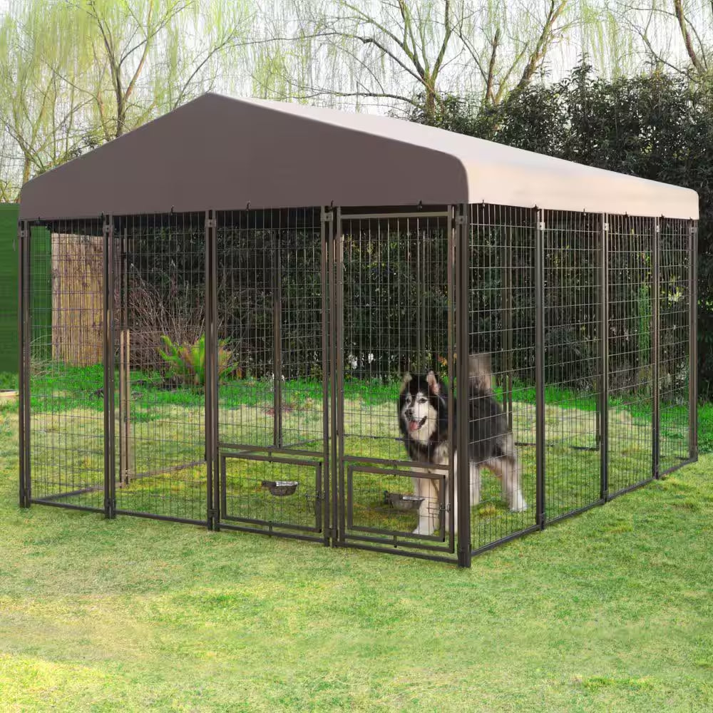 10 Ft. X 10 Ft. Outdoor Large Dog Kennel Pet Playpen with Rotating Feeding Door and Cover