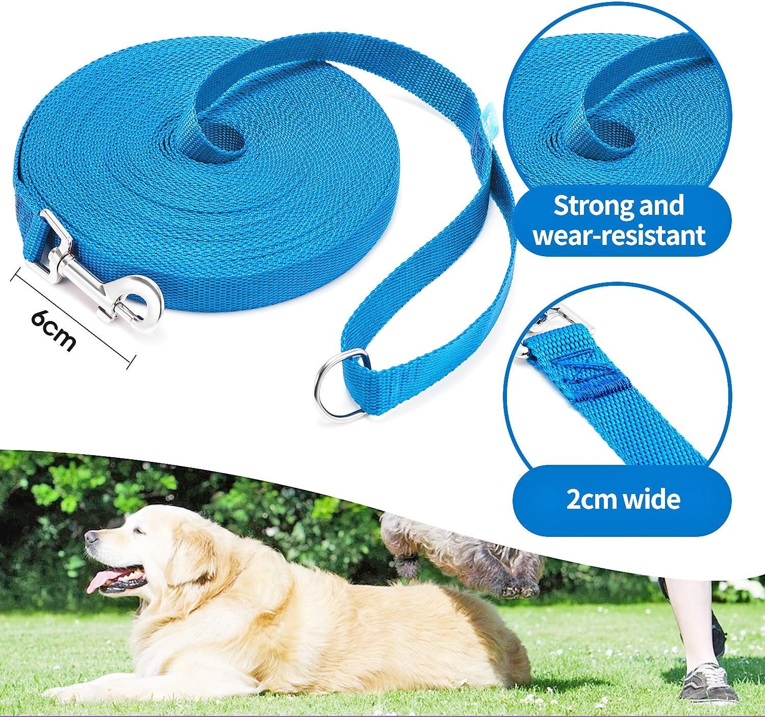 15/20/30/50/100 Ft Long Dog Training Leash with Clickers for Small, Medium and Large Dogs or Cats (50 Feet, Blue)